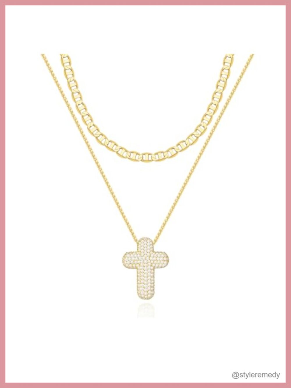 14k Gold Plated CZ Cross Pendant Necklace Set with Mariner Chain